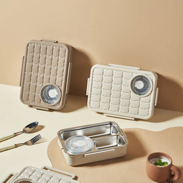Creamy Wind Square Stainless Steel 3-Compartment Lunch Box with Soup Bowl