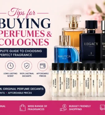 Tips for Buying Perfumes and Colognes featured image with OneDollarStore.pk logo and original 2ml perfume decants guide.