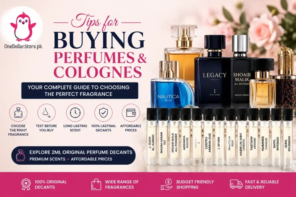 Tips for Buying Perfumes and Colognes featured image with OneDollarStore.pk logo and original 2ml perfume decants guide.